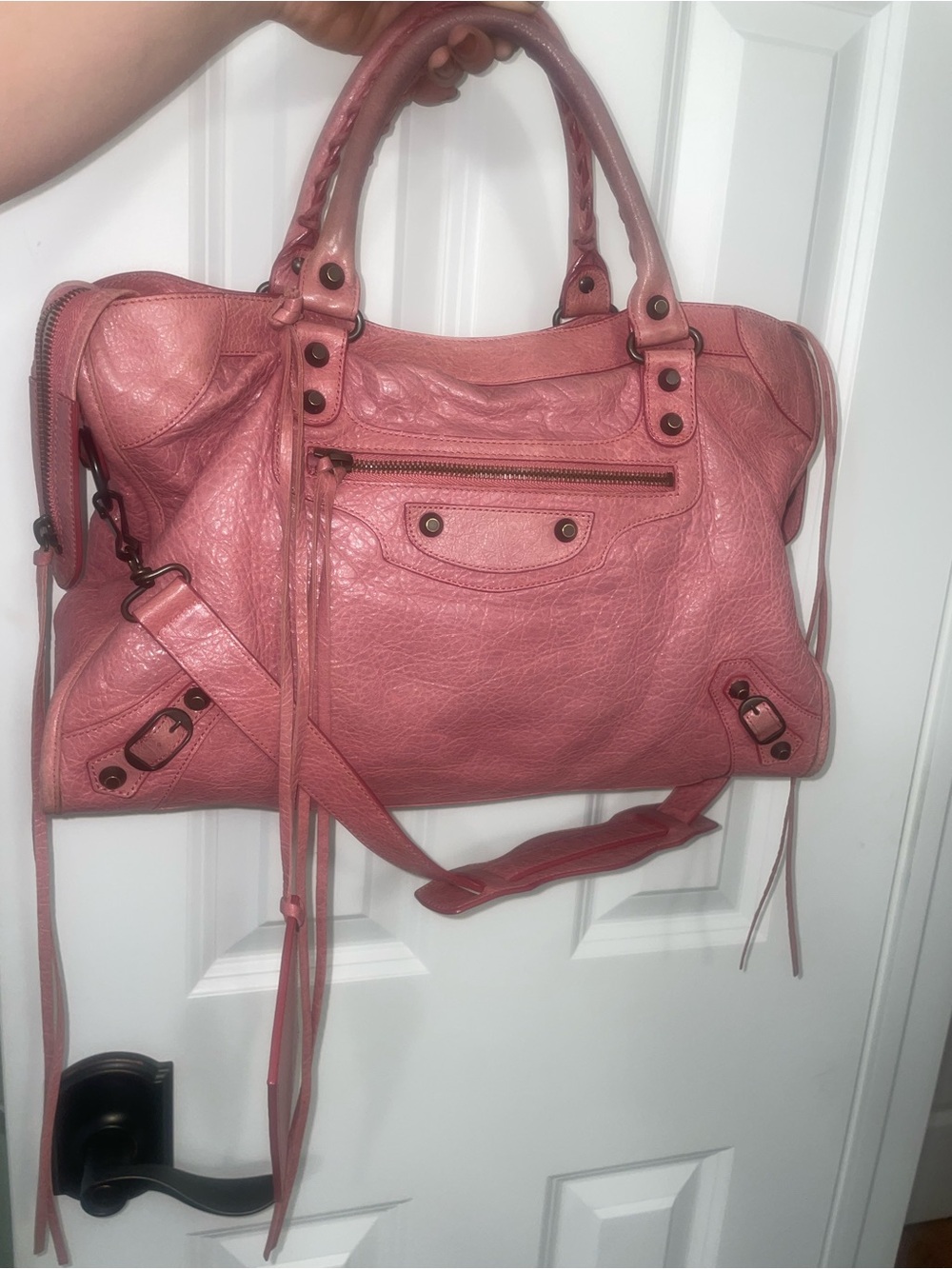 Balenciaga pink city tote leather moto bag